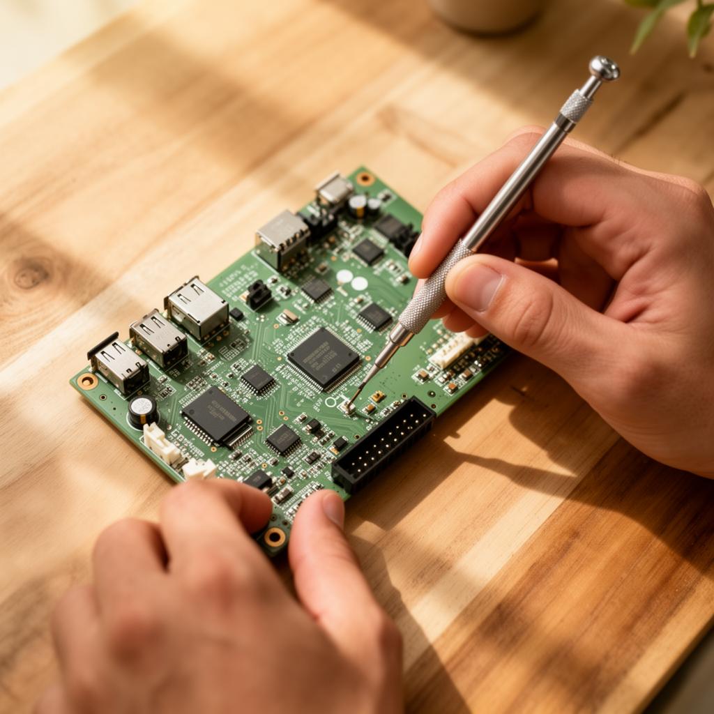Mâini lucrând cu precizie la o placă electronică
