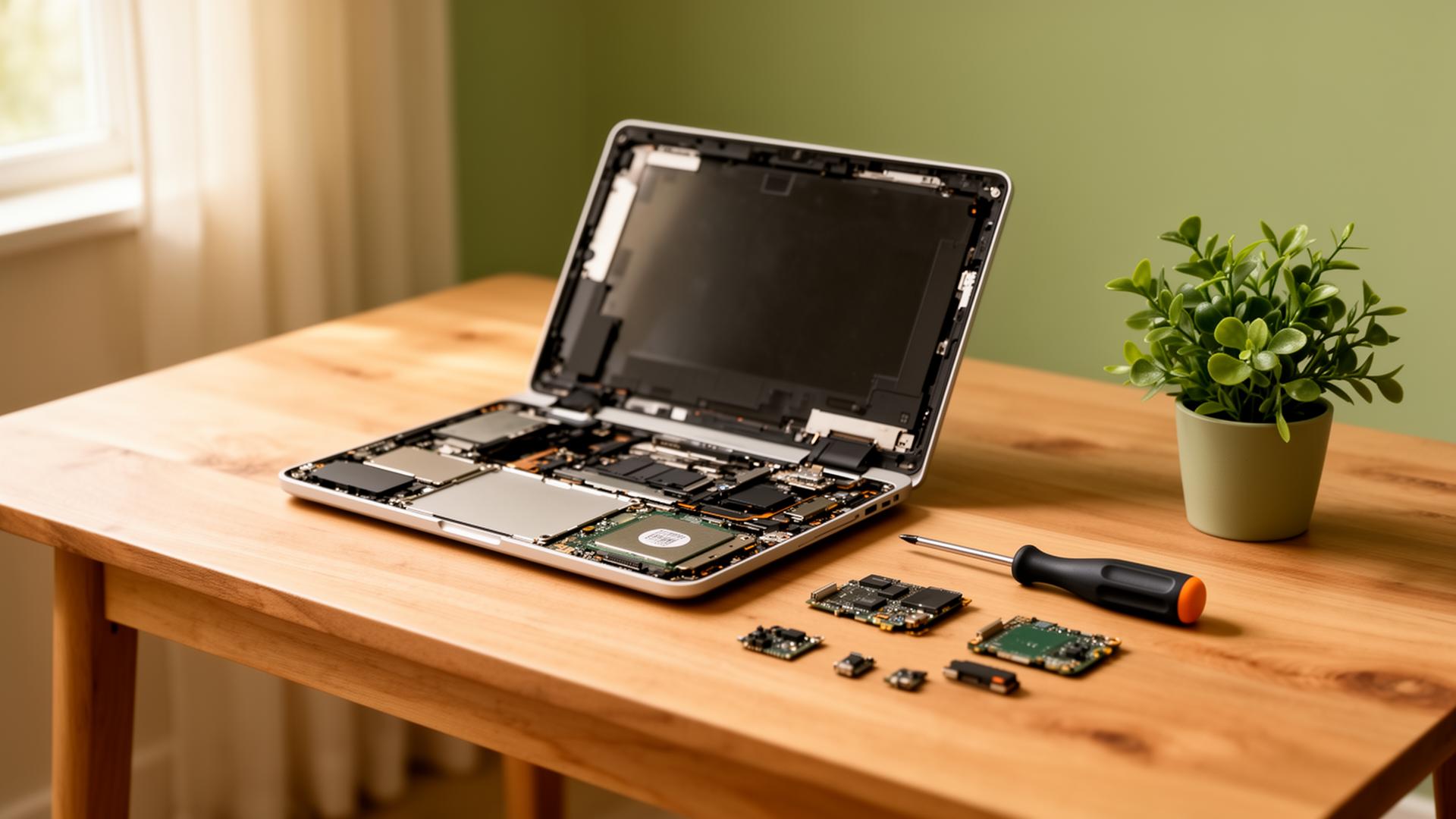 Laptop deschis pe un birou de lemn, reparat cu grijă, lângă o plantă
